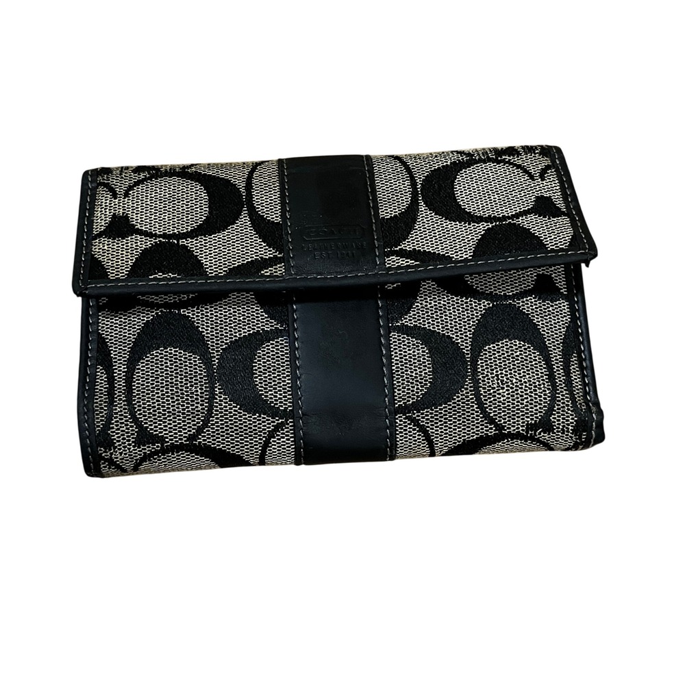 Y2K Coach Signature Monogram Canvas Trifold Wallet Black Grey Leather Trim Snap